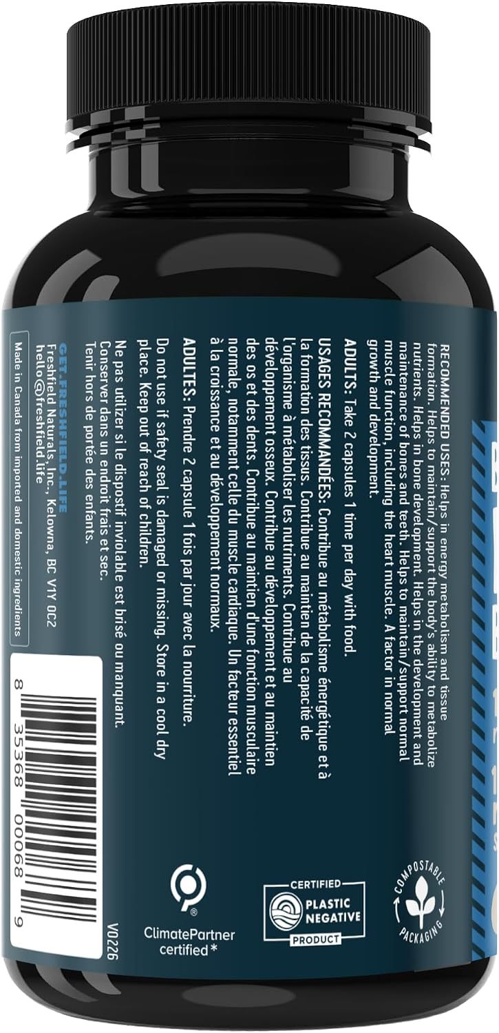 Directions — adults take 2 capsules once daily with food; made in Canada, ClimatePartner and Certified Plastic Negative, compostable packaging