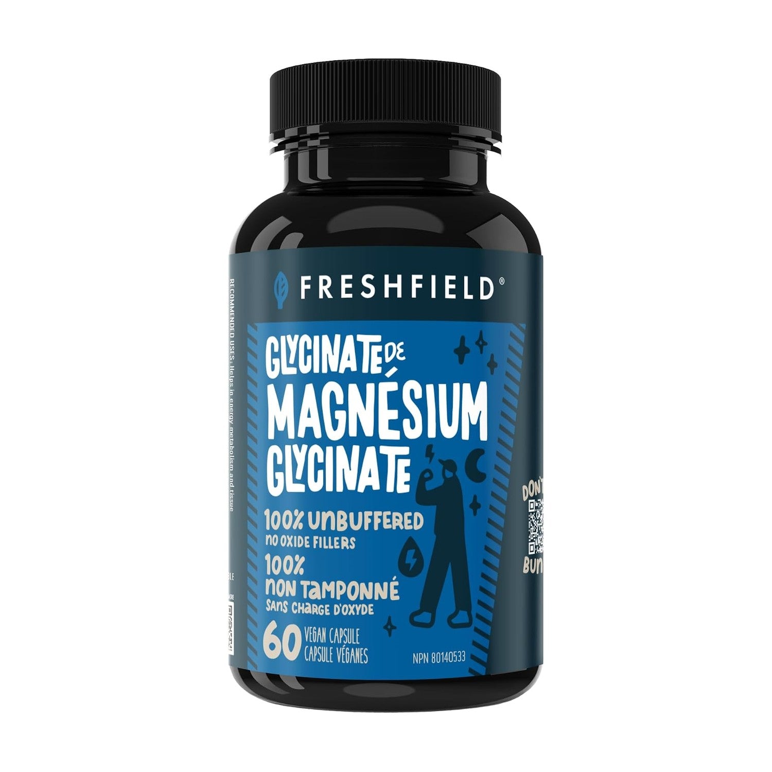 Freshfield Magnesium Bisglycinate — front of bottle on white, 100% unbuffered, no oxide fillers, 60 vegan capsules, bilingual Canadian label