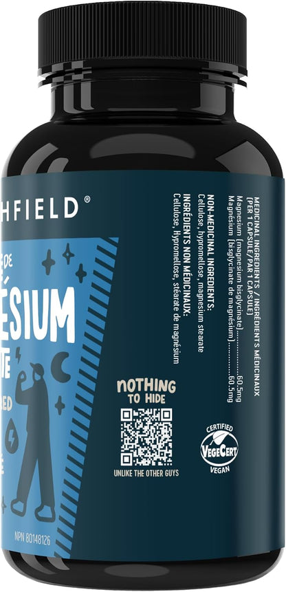 Magnesium Bisglycinate ingredients — 60.5 mg elemental magnesium per capsule; non-medicinal: cellulose, hypromellose, magnesium stearate; Certified Vegan
